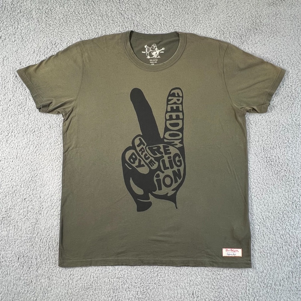 True‎ Religion Graphic T-Shirt Peace Sign FREEDOM Olive Green Men's Size 2XL VTG